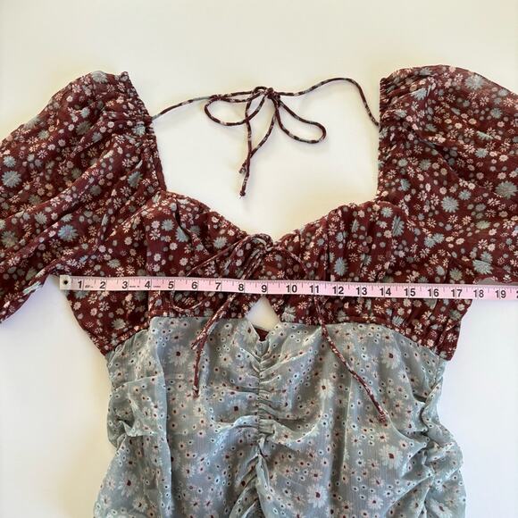 Free People Tessa Storm Combo Boho Floral Print Ruched Mini Dress Size Medium - Picture 4 of 10